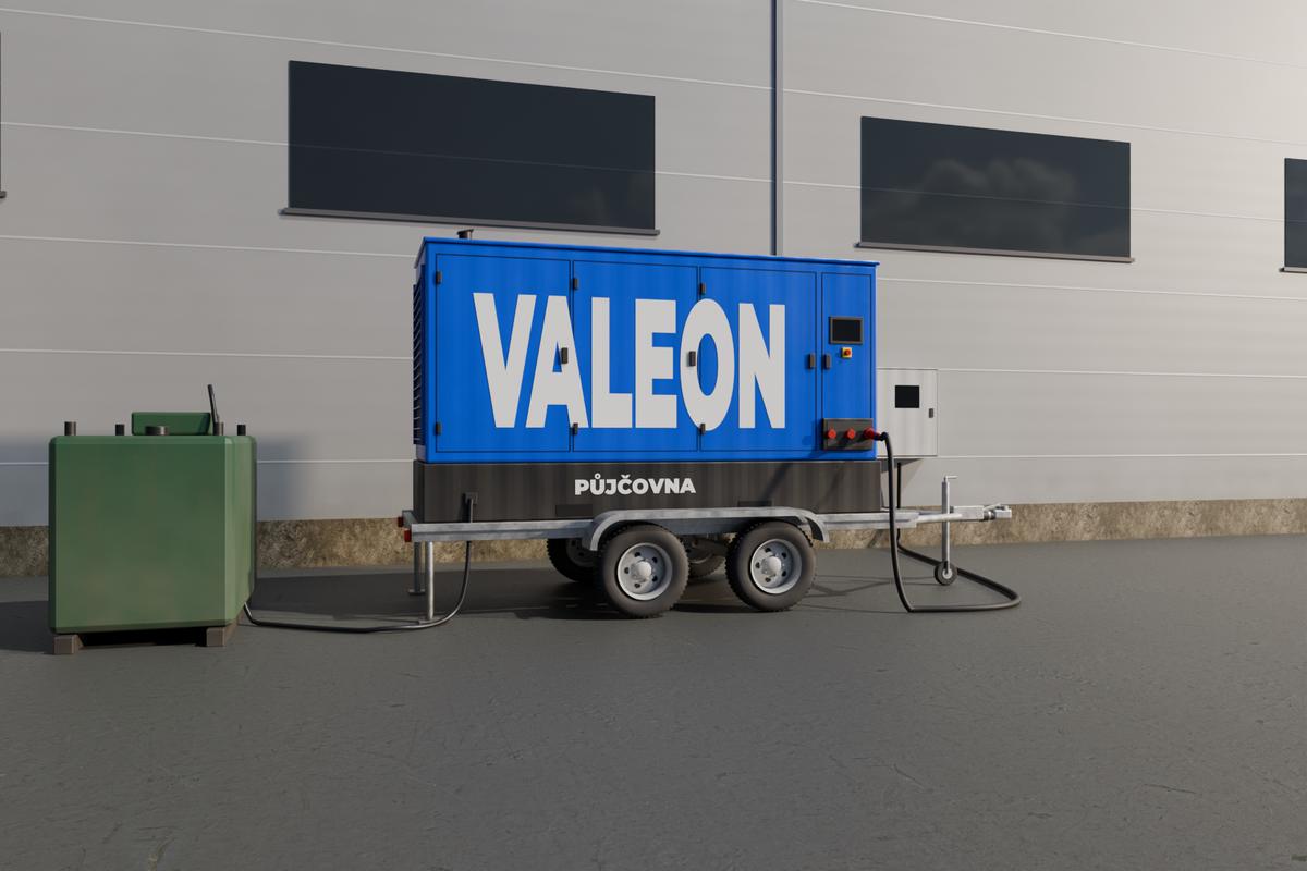 Centrála Valeon u výrobní haly s nádrží na naftu a kabelem do přepínače sítí na fasádě