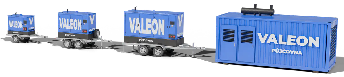 Čtyři stroje Valeon vedle sebe: malá centrála 15 kVA na jednonápravovém přívěsu, 60 kVA a 200 kVA na dvounápravových přívěsech a kontejnerová centrála od 400 kVA